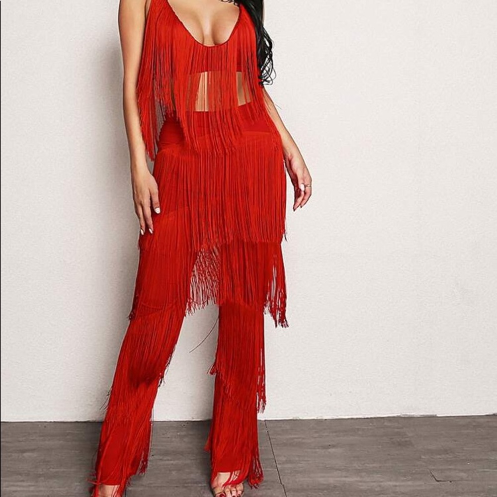 Plunging Neck Fringe Crop Top And Pants Set